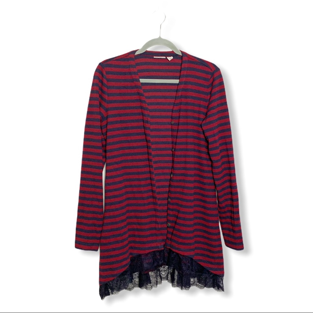 LOGO Lori Goldstein Striped Cardigan Lace Hem - Picture 1 of 5